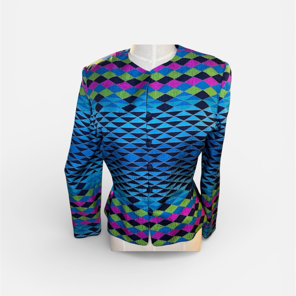 Vintage ADRIANNA PAPELL Safe Silk Jacket Geometric Print 100% Silk Size 8